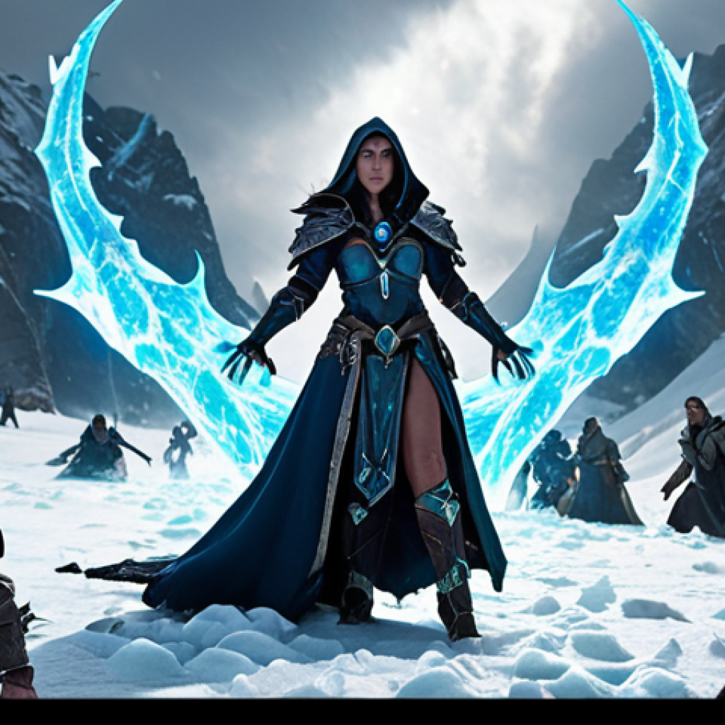**

A powerful Sorceress teleports amidst a horde of Fallen, casting a Blizzard spell. She's equipped with the "Skin of the Vipermagi" and other magical gear. Emphasize the contrast between her glowing spells and the icy terrain.

**