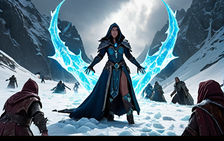 **

A powerful Sorceress teleports amidst a horde of Fallen, casting a Blizzard spell. She's equipped with the "Skin of the Vipermagi" and other magical gear. Emphasize the contrast between her glowing spells and the icy terrain.

**