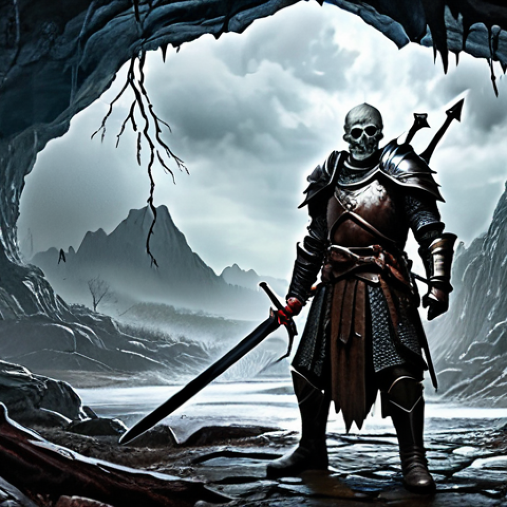 **

A brave adventurer, fully clothed in practical leather armor and carrying a sturdy sword, stands at the entrance of a dark and ominous cave (Den of Evil). The Blood Moor stretches behind them, filled with skeletal remains and gnarled trees under a stormy sky. Appropriate attire, safe for work, perfect anatomy, professional digital painting, high quality, family-friendly.

**
