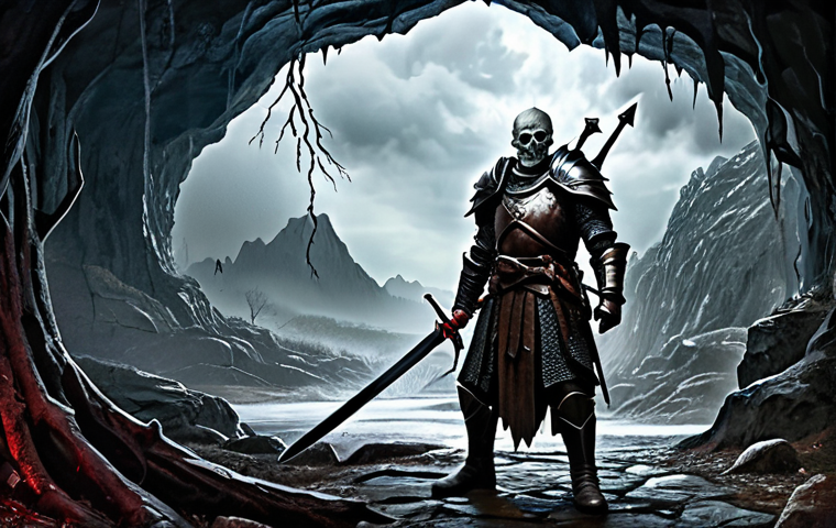 **

A brave adventurer, fully clothed in practical leather armor and carrying a sturdy sword, stands at the entrance of a dark and ominous cave (Den of Evil). The Blood Moor stretches behind them, filled with skeletal remains and gnarled trees under a stormy sky. Appropriate attire, safe for work, perfect anatomy, professional digital painting, high quality, family-friendly.

**