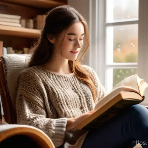 디아블로2 민첩 스탯 효율 - A cozy reading nook bathed in warm, soft sunlight, with dust motes dancing in the air. A young woman...