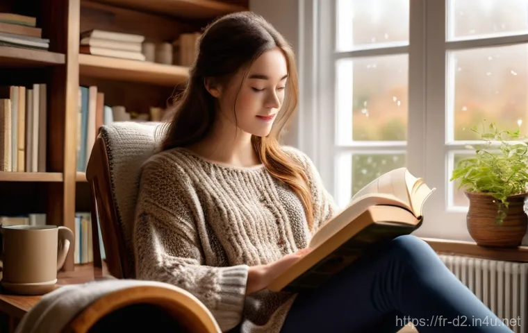 디아블로2 민첩 스탯 효율 - A cozy reading nook bathed in warm, soft sunlight, with dust motes dancing in the air. A young woman...