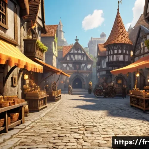 디아블로2 거래 팁 - A detailed fantasy marketplace scene inspired by Diablo II, featuring a bustling medieval town squar...