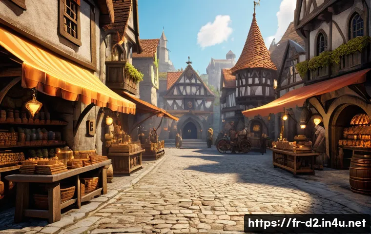 디아블로2 거래 팁 - A detailed fantasy marketplace scene inspired by Diablo II, featuring a bustling medieval town squar...