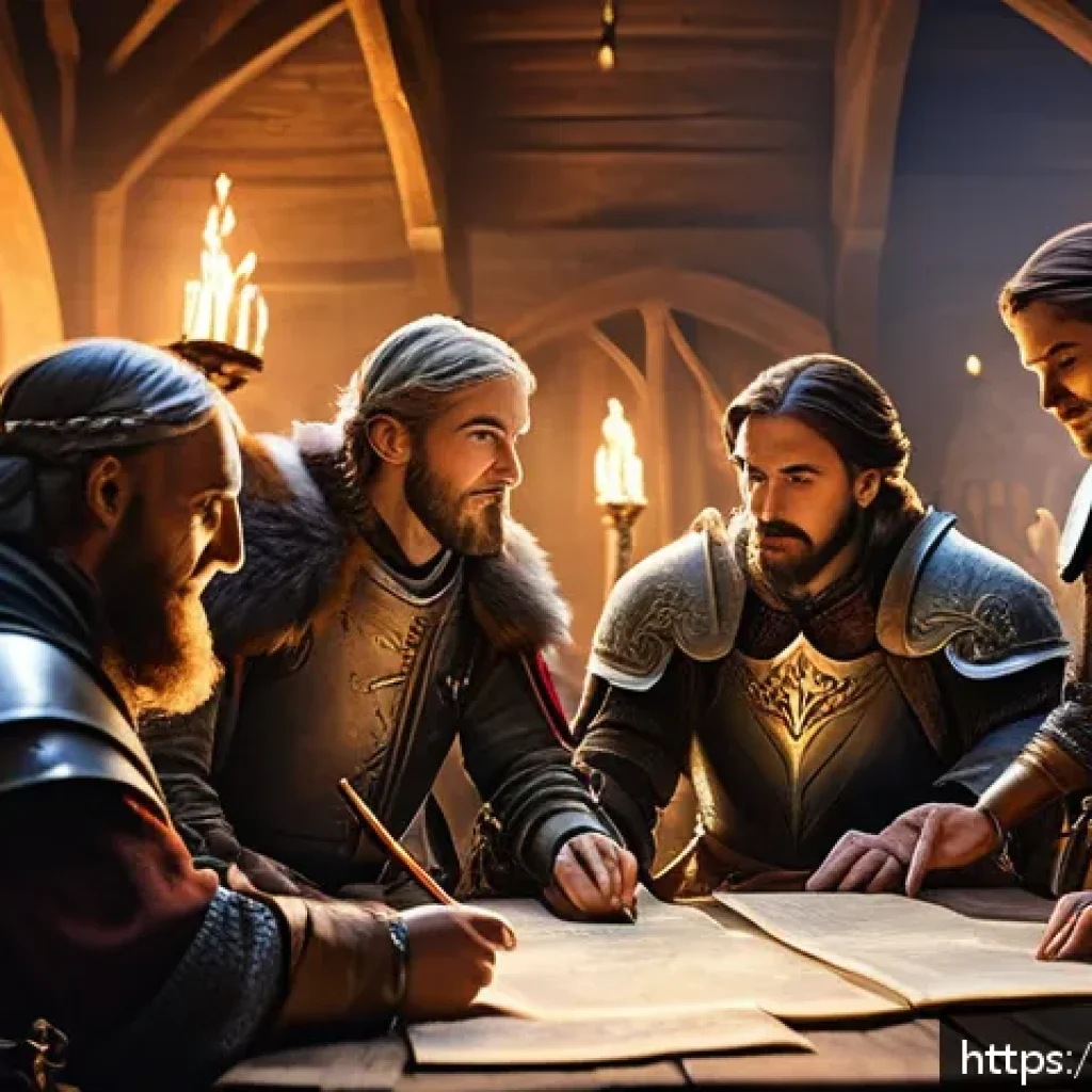디아블로2 길드 운영 팁 - A vibrant, dynamic guild meeting scene in a medieval fantasy setting, featuring diverse characters g...