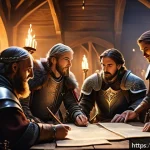 디아블로2 길드 운영 팁 - A vibrant, dynamic guild meeting scene in a medieval fantasy setting, featuring diverse characters g...