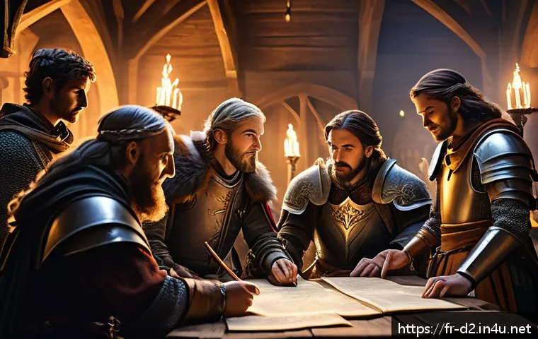 디아블로2 길드 운영 팁 - A vibrant, dynamic guild meeting scene in a medieval fantasy setting, featuring diverse characters g...